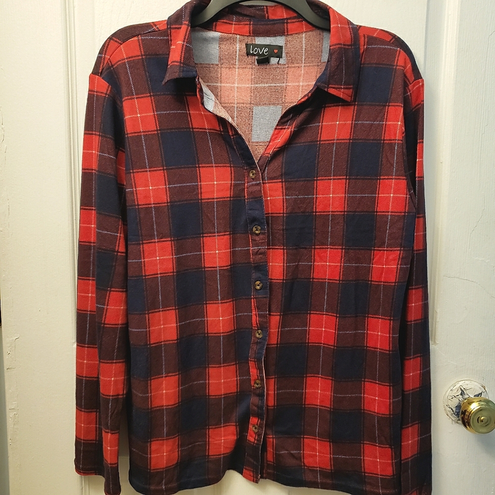 Plus Size 2X Red Blue Plaid Button Front Collar Shirt New